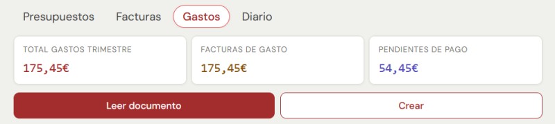 Pantalla de gastos en Factuvoz
