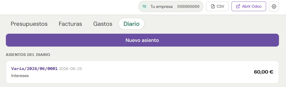 Pantalla de diario en Factuvoz