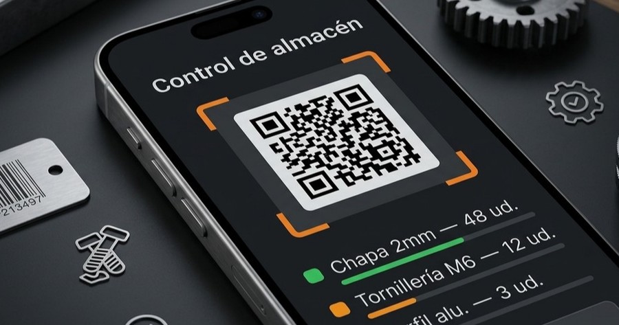 Móvil escaneando un código QR de una pieza fabricada, con el stock del almacén en pantalla