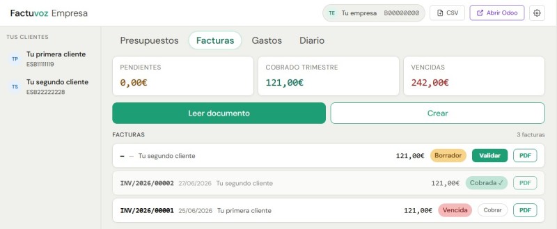 Panel de FactuVoz: presupuestos, facturas, gastos y diario
