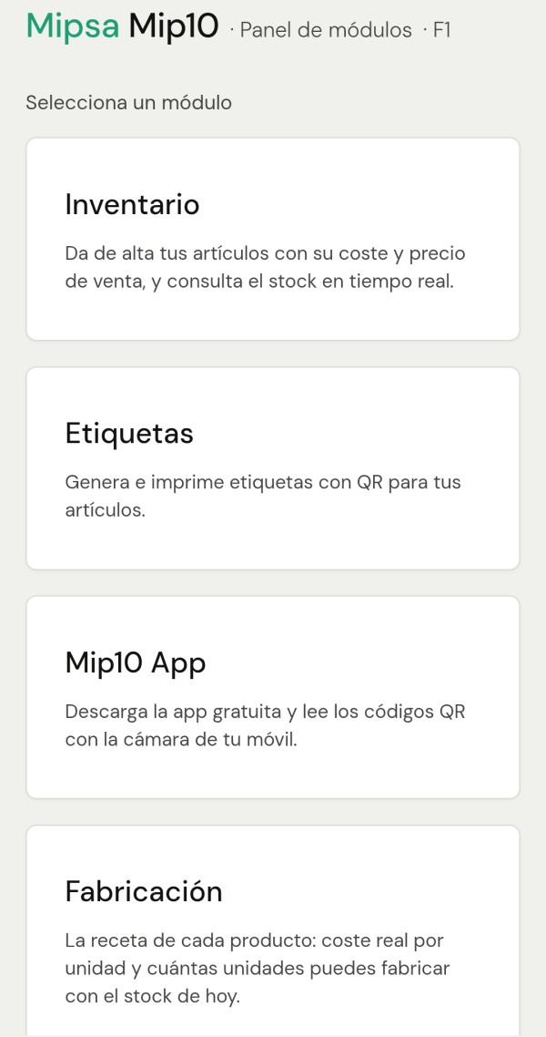 Mip10 en el móvil: Inventario, Etiquetas, app y Fabricación