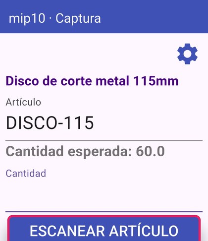 Pantalla mip10: ficha del artículo DISCO-115 con cantidad esperada 60 y campo cantidad vacío