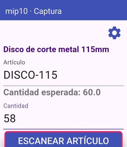 Pantalla mip10: cantidad contada 58 introducida en el móvil