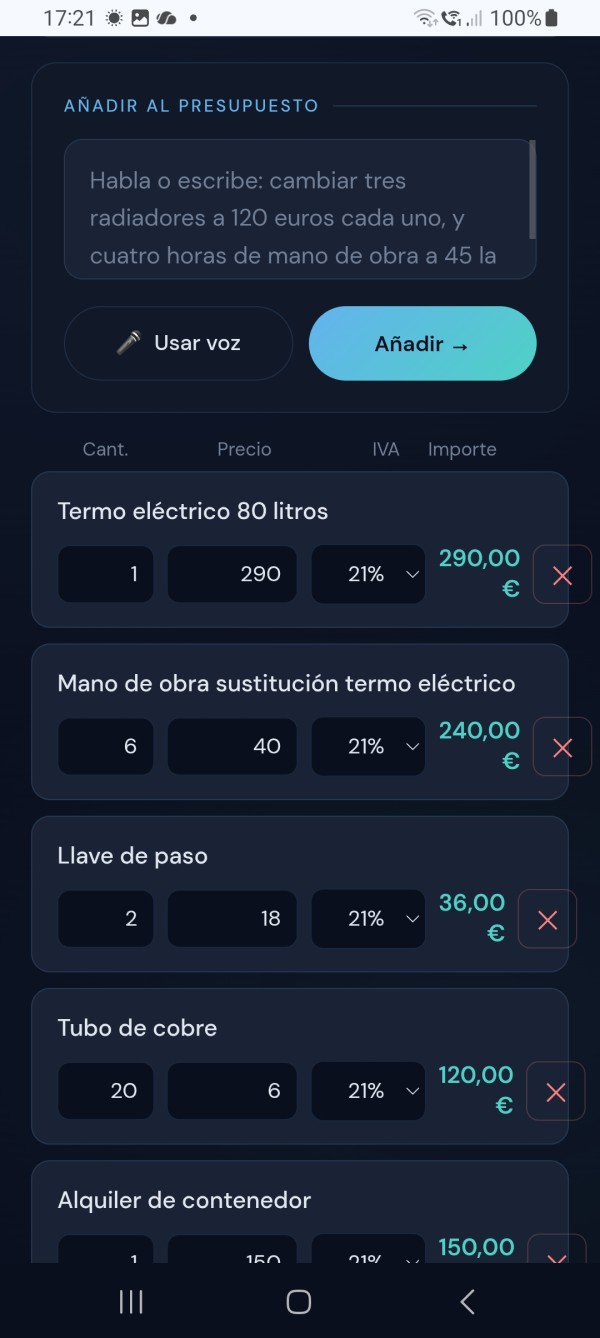 Presupuesto dictado desde el movil, con las lineas y el total
