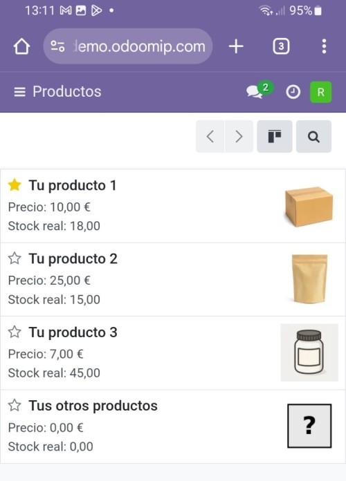 Vista de productos ficticios en la demo