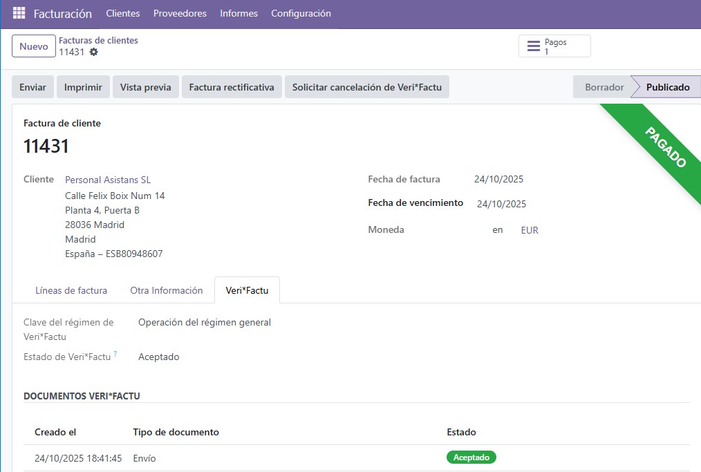 Factura pagado con QR VeriFactu